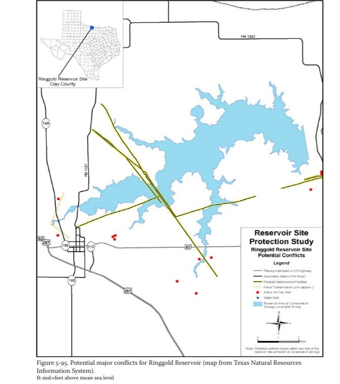 A Texas Water Development Board graphic shows the proposed "Lake Ringgold" in Clay County that would provide about 65,000 acre-feet of water for Wichita Falls and its 15 wholesale water customers. The project is highly contested by many Clay County residents.