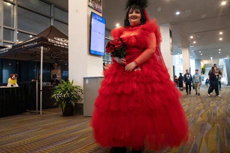 In this 2024 file photo, Atom Herring is dressed as Lydia Deetz from "Beetlejuice" during the Anime Corpus Christi convention.