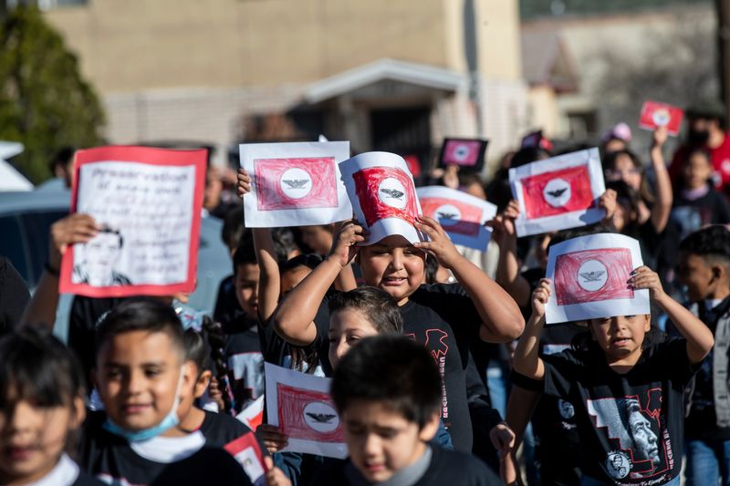 La Fe Preparatory School students and staff march during an event to commemorate social justice leader Cesar ChavezÕs birthday in El Segundo Barrio in El Paso, Texas on March 28, 2024.