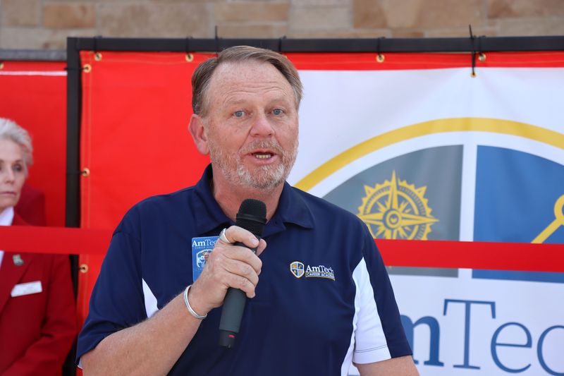 In this April 2022 file photo, Jay Barrett, then-principal of AmTech, thanks a long list of contributors at the AmTech Career Academy Ribbon Cutting ceremony. Barrett has joined The RANGE as leader of its Horizons initiative.