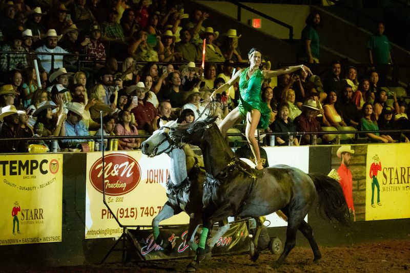 Dusti Dickerson trick rides at the Starr Western Wears Rodeo’s opening night at the El Paso County Coliseum on Friday, June 21, 2024.