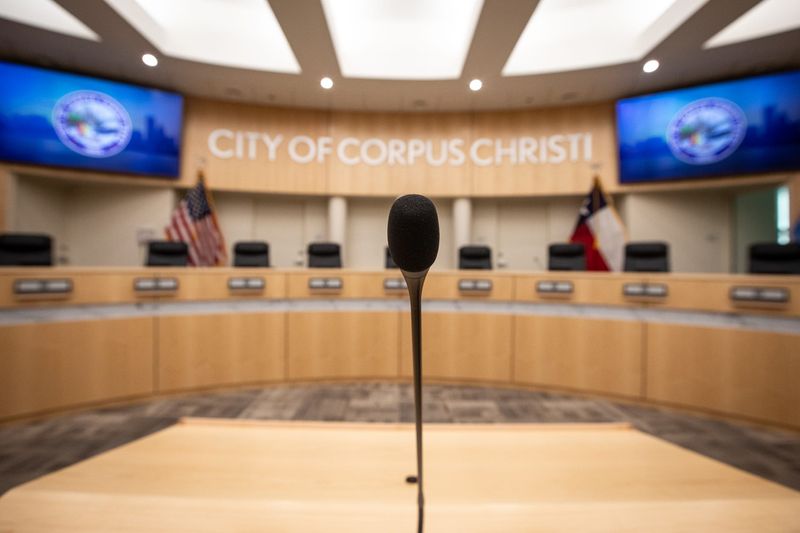 A microphone used for presentations to city council and public comment in the council chambers at Corpus Christi City Hall on Aug. 2, 2024, in Texas.
