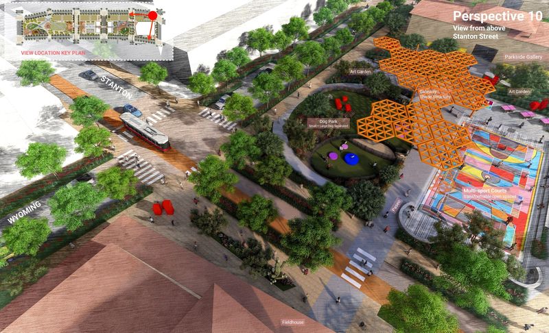 Rendering of what so-called Backyard Games area between Mesa and Stanton streets may look in proposed Downtown El Paso deck plaza/park over Interstate 10.