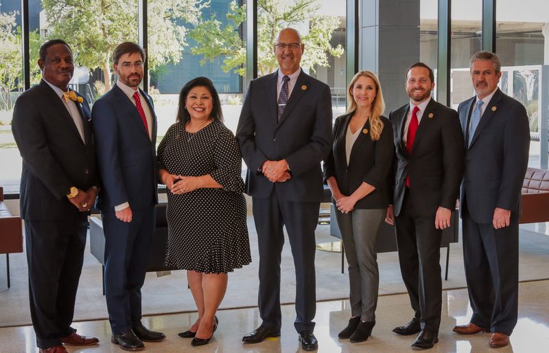 The Lubbock City Council, from left, Councilman Gordon Harris, Councilman David Glasheen, Mayor Pro Tem Christy Martinez-Garcia, Mayor Mark McBrayer, Councilwoman Jennifer Wilson, Councilman Brayden Rose and Councilman Tim Collins.