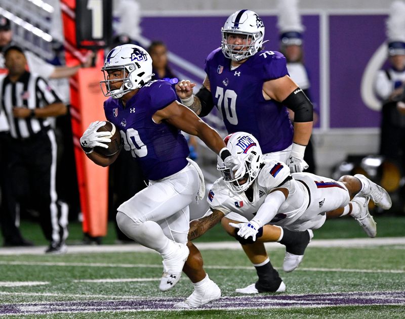 ACU wide receiver Nehemiah Martinez leaves West Georgia defensive back Jibrahn Claude hanging in the air as he sprints downfield with teammate Tay Yanta in tow during Saturday’s home opener at Wildcat Stadium Sept. 7, 2024. Final score was 38-24, ACU.