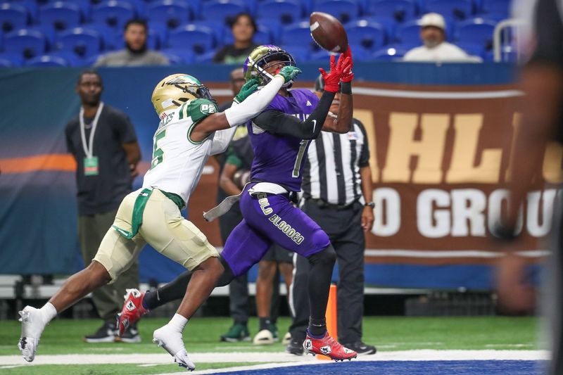 Miller's Roderick Taylor attempts to catch a pass in the end zone during Friday's game at the Alamodome on Sept. 13, 2024, in San Antonio, Texas.