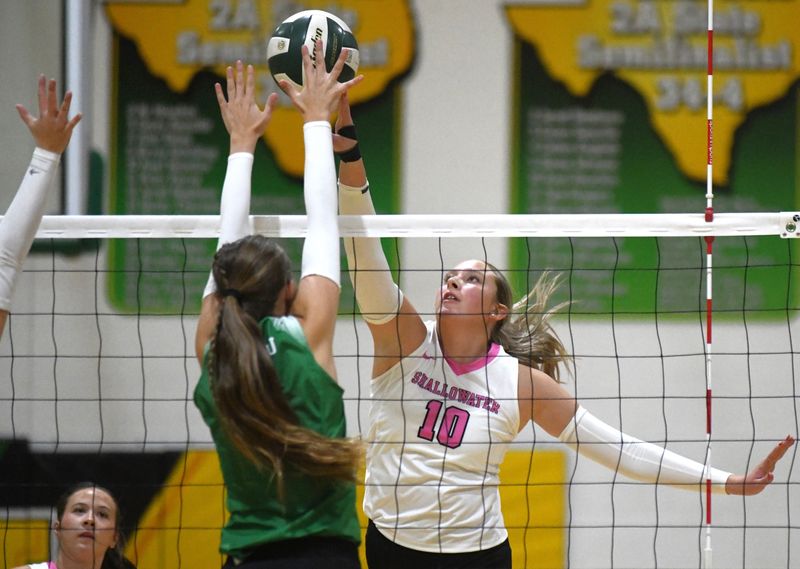 Shallowater's Emma Clawson hits the ball against Idalou in a District 2-3A volleyball match Tuesday, Oct. 8, 2024, at Wildcat Gymnasium in Idalou.