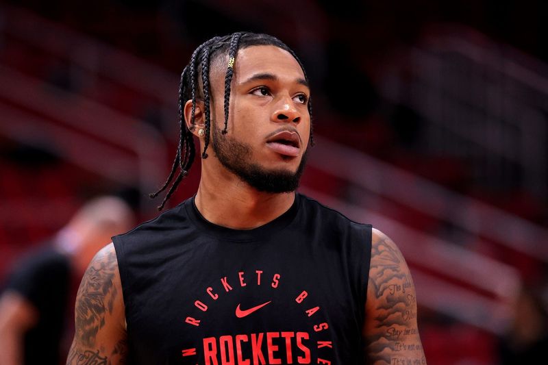 Oct 15, 2024; Houston, Texas, USA; Houston Rockets guard Cam Whitmore (7) prior to the game against the New Orleans Pelicans at Toyota Center. Mandatory Credit: Erik Williams-Imagn Images