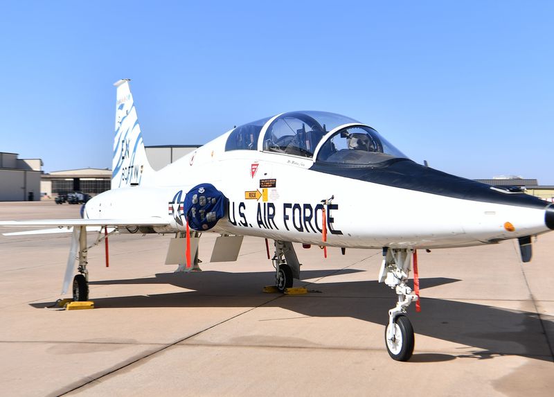 A T-38 Talon on display during the Euro-NATO Joint Jet Pilot Training program's women in aviation fly-in event at Sheppard Air Force Base on Friday, Oct. 25, 2024.