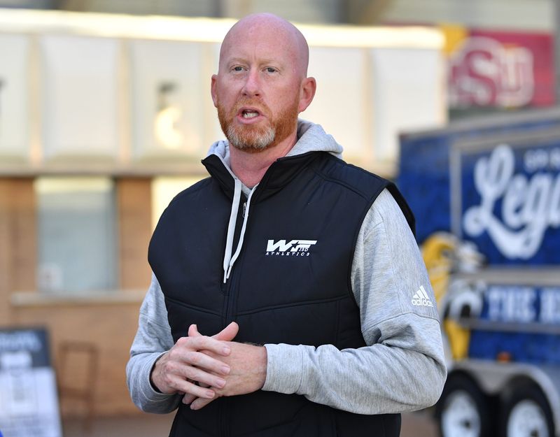 WFISD Athletic Director Grant Freeman speaks during the Wall of Champions monument unveiling at Memorial Stadium on Friday, November 8, 2024.