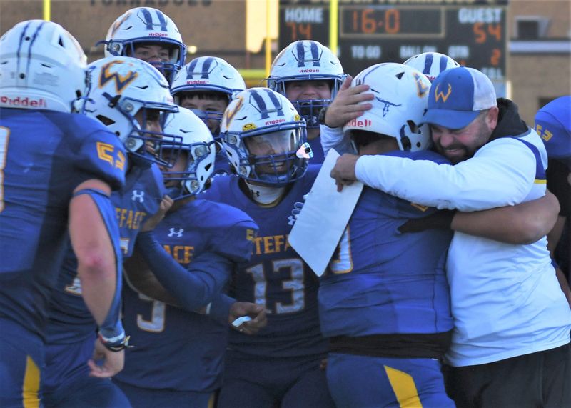 Whiteface football coach Clint Linman celebrates after a win over Water Valley in a Class 1A Division I state semifinal game Saturday, Dec. 7, 2024, at Golden Tornado Stadium in Lamesa.