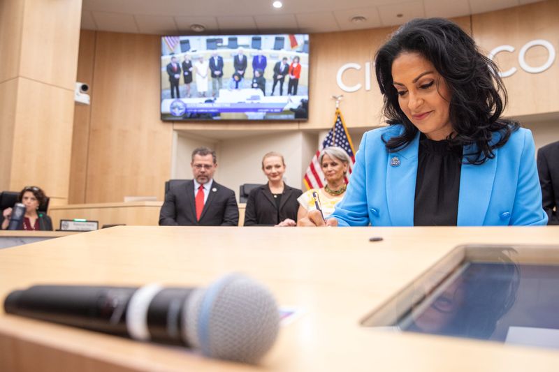 Corpus Christi Mayor Paulette Guajardo signs her oath of office during a swearing-in ceremony at City Hall on Tuesday, Jan. 14, 2025, in Corpus Christi, Texas.