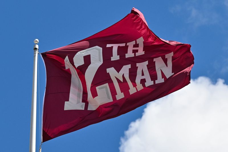 Oct 5, 2024; College Station, Texas, USA; A detail view of the 12th Man flag during the game between the Texas A&M Aggies and the Missouri Tigers at Kyle Field. Mandatory Credit: Maria Lysaker-Imagn Images.