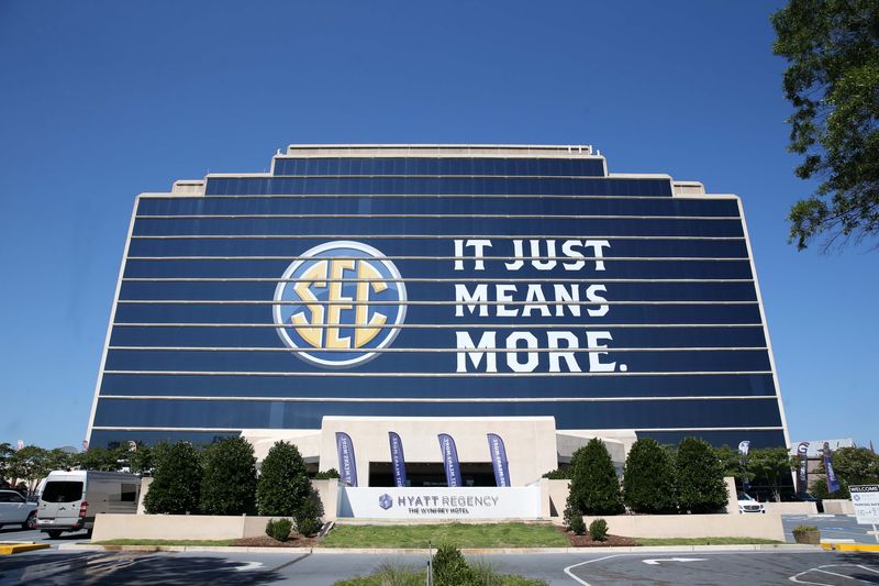 Jul 10, 2017; Hoover, AL, USA; The Southeastern Conference logo is shown on the Hyatt Regency Birmingham-The Winfrey Hotel during SEC media days at Hyatt Regency Birmingham-The Winfrey Hotel. Mandatory Credit: Jason Getz-USA TODAY Sports