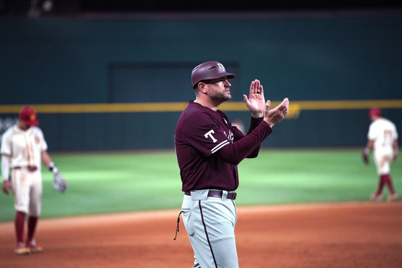 Mar 2, 2024; Arlington, TX, USA; Texas A&M Aggies compete against University of Southern California Trojans during the Kubota College Baseball Series - Weekend 3 at Globe Life Field. Mandatory Credit: Dustin Safranek-USA TODAY Sports