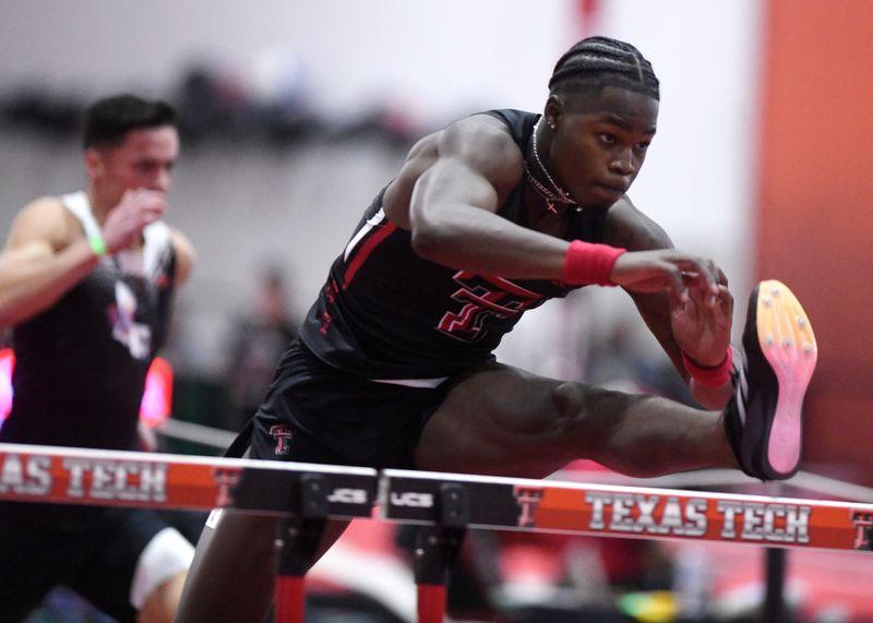 Texas Tech's Antoine Andrews competes in the 60-meter hurdles during the Corky Classic indoor track and field meet, Friday, Jan. 17, 2025, at the Sports Performance Center.