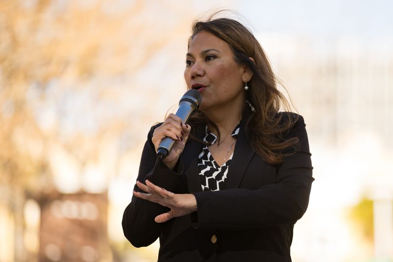 U.S. Rep. Veronica Escobar, D-El Paso, speaks after El Pasoans marched from the Enrique Moreno County Courthouse to San Jacinto Plaza on Jan. 18, 2025, for the El Paso’s People’s Rally and Women’s March, a nationwide movement advocating for equity, justice, and the protection of rights for all individuals.