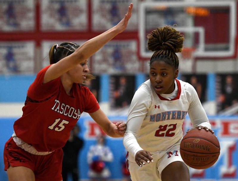 Monterey's Ambrosia Cole dribbles the ball against Amarillo Tascosa in a District 3-5A girls basketball game, Tuesday, Jan. 21, 2025, at Monterey High School.