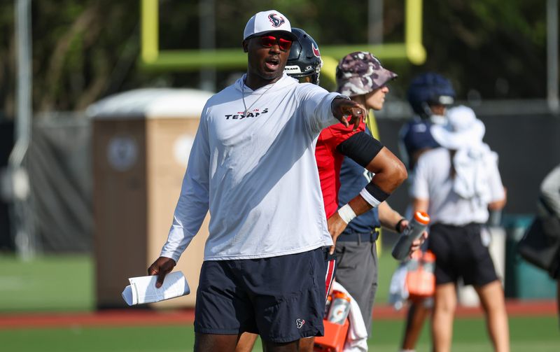 Jul 29, 2024; Houston, TX, USA; Houston Texans quarterbacks coach Jerrod Johnson during training camp at Houston Methodist Training Center. Mandatory Credit: Troy Taormina-USA TODAY Sports