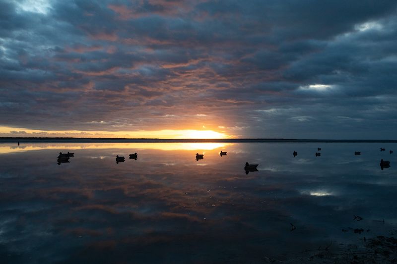 The sunrise is reflected in the glassy water of the Cayo del Grullo, dotted with decoy ducks, on the Northwest end of Baffin Bay early morning on Jan. 25, 2025, in Kingsville. The Caller-Times won several awards from the Texas Managing Editors for its 2025 coverage of an initiative to restore the water quality of Baffin Bay.
