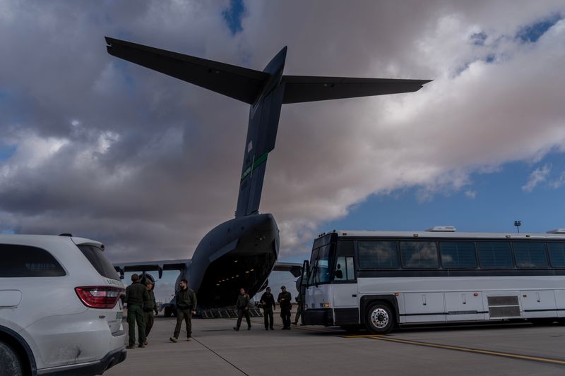 A C-17 military airplane is used to deport 80 Guatemalan men, women and children who were illegally in the U.S. from Fort Bliss El Paso, Texas on Jan. 30, 2025.