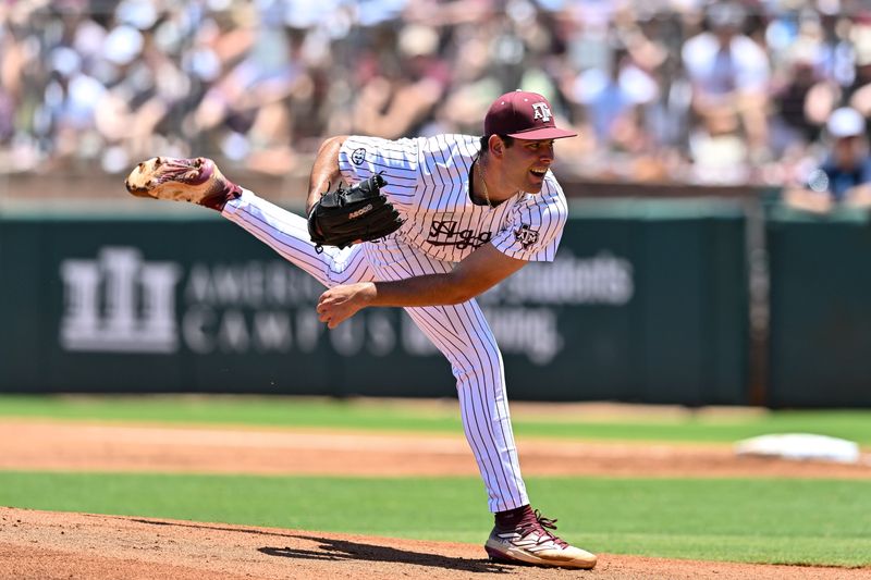Jun 8, 2024; College Station, TX, USA; Texas A&M pitcher Ryan Prager (18) delivers a pitch during the first inning against the Oregon at Olsen Field, Blue Bell Park Mandatory Credit: Maria Lysaker-USA TODAY Sports