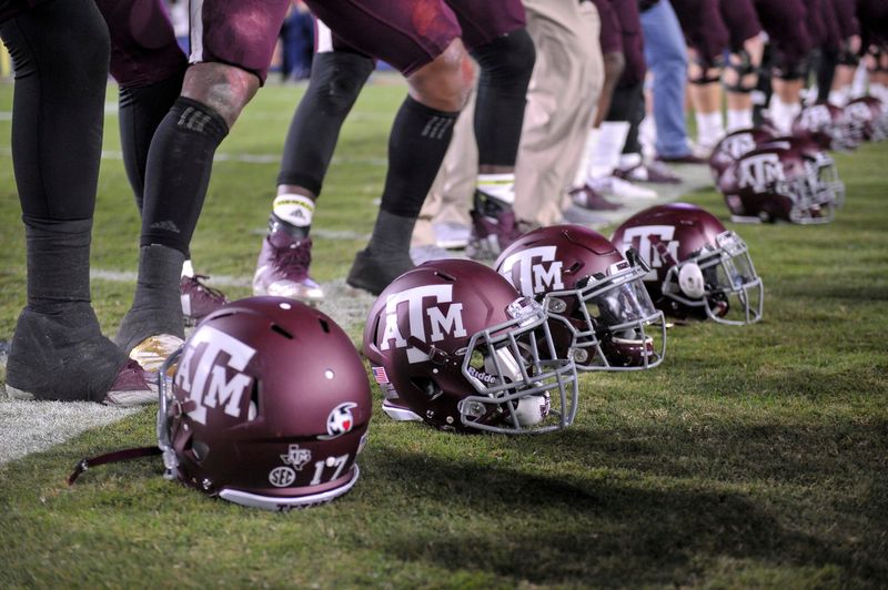 Nov 18, 2017; Oxford, MS, USA; Texas A&M Aggies helmets after the game against the Mississippi Rebels at Vaught-Hemingway Stadium. Texas A&M Aggies defeated the Mississippi Rebels 31-24. Mandatory Credit: Justin Ford-USA TODAY Sports