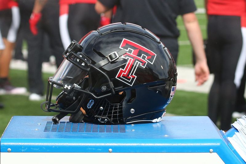 Oct 22, 2022; Lubbock, Texas, USA; A general view of a Texas Tech Red Raiders helmet on the bench during the game against the West Virginia Mountaineers at Jones AT&T Stadium and Cody Campbell Field. Mandatory Credit: Michael C. Johnson-USA TODAY Sports