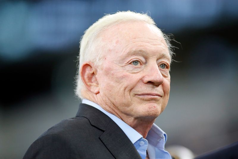Aug 29, 2019; Arlington, TX, USA; Dallas Cowboys owner Jerry Jones on the field before the game against the Tampa Bay Buccaneers at AT&T Stadium. Mandatory Credit: Tim Heitman-USA TODAY Sports