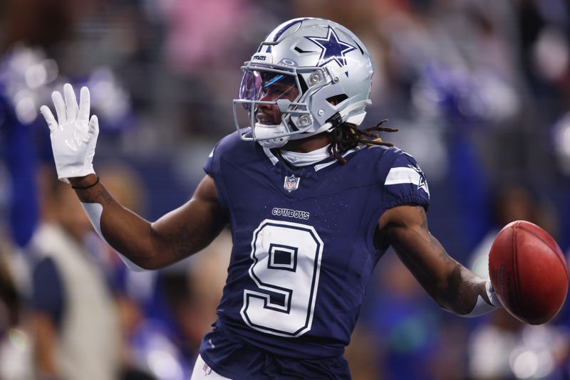 Oct 29, 2023; Arlington, Texas, USA; Dallas Cowboys wide receiver KaVontae Turpin (9) reacts after returning a punt for a touchdown that was called back because of a penally in the fourth quarter against the Los Angeles Rams at AT&T Stadium. Mandatory Credit: Tim Heitman-USA TODAY Sports