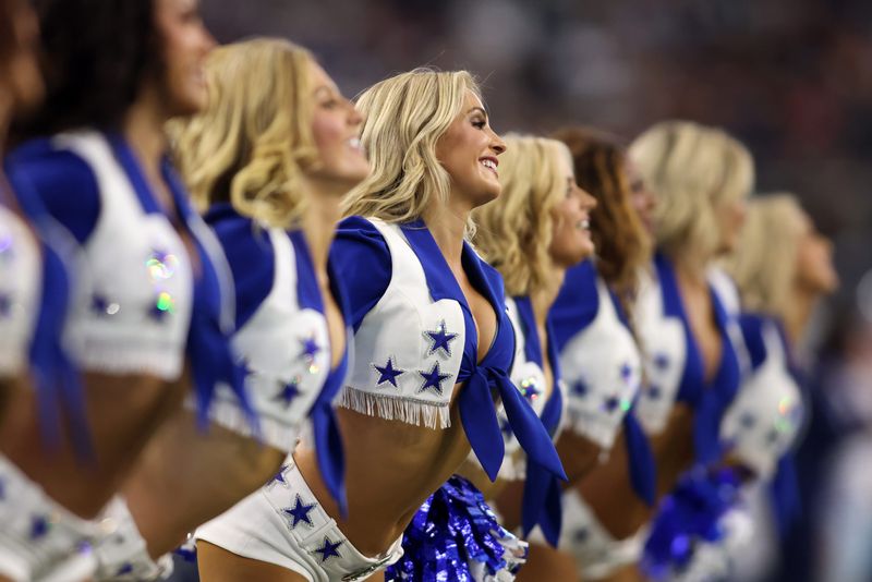 Aug 12, 2023; Arlington, Texas, USA; Dallas Cowboys cheerleaders perform in the second half in the game against the Jacksonville Jaguars at AT&T Stadium. Mandatory Credit: Tim Heitman-USA TODAY Sports