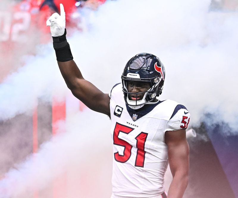 Sep 17, 2023; Houston, Texas, USA; Houston Texans defensive end Will Anderson Jr. (51) enter the field prior to the game against the Indianapolis Colts at NRG Stadium. Mandatory Credit: Maria Lysaker-USA TODAY Sports
