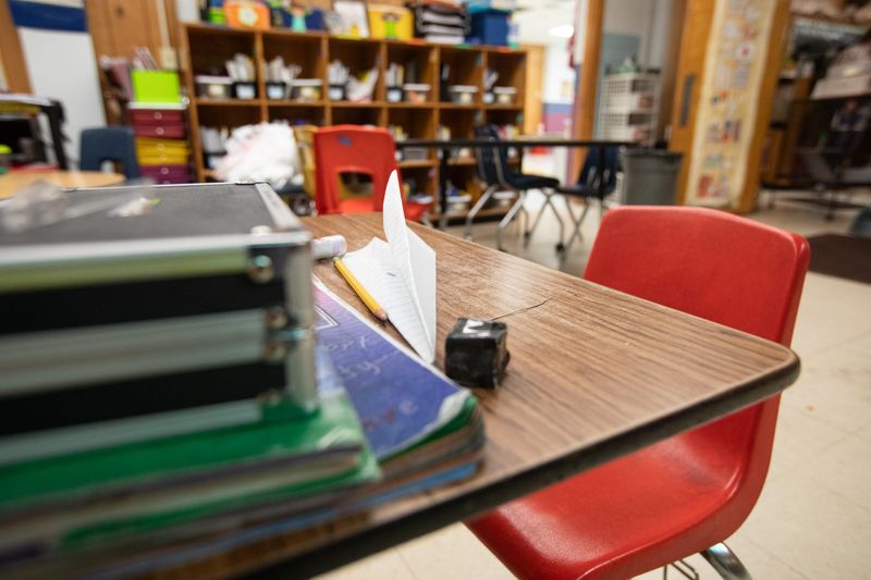 A student's desk at Flour Bluff Elementary on Tuesday, Feb. 25, 2025, in Corpus Christi, Texas.