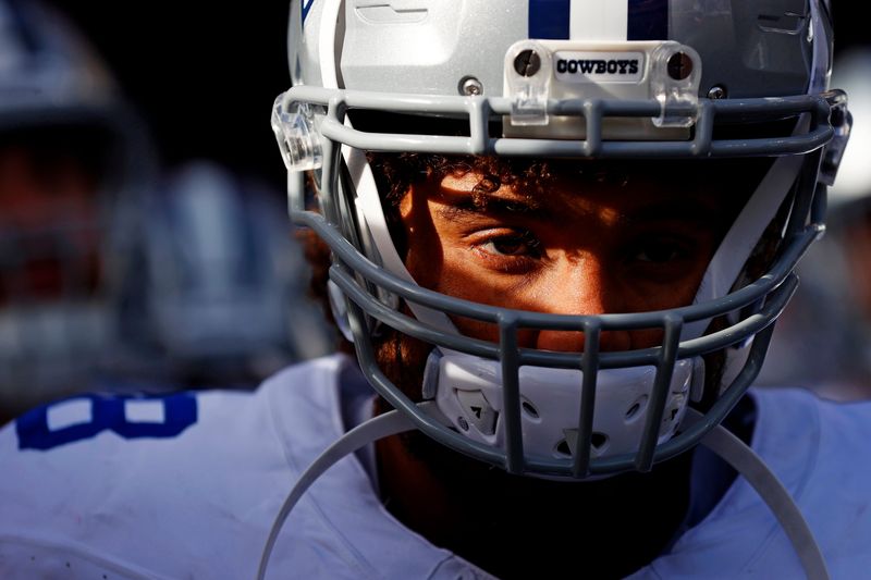 Nov 24, 2024; Landover, Maryland, USA; Dallas Cowboys offensive tackle Terence Steele (78) waits to take the field before playing against the Washington Commanders at Northwest Stadium. Mandatory Credit: Peter Casey-Imagn Images