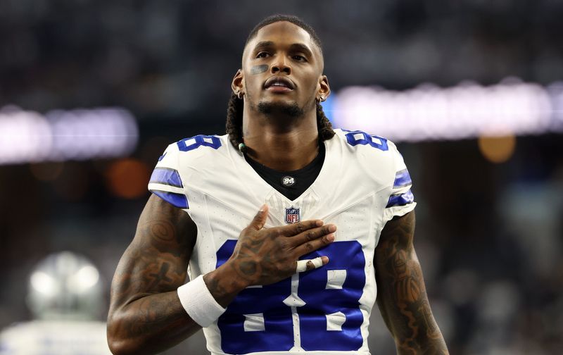 Jan 14, 2024; Arlington, Texas, USA; Dallas Cowboys wide receiver CeeDee Lamb (88) before the 2024 NFC wild card game against the Green Bay Packers at AT&T Stadium. Mandatory Credit: Kevin Jairaj-USA TODAY Sports