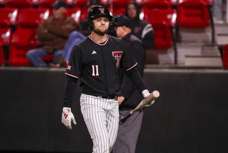 Texas Tech's Davis Rivers reacts after striking out looking against UC San Diego during a non-conference Division I baseball game, Tuesday, March 4, 2025, at Dan Law Field.