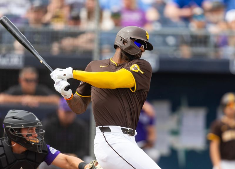 Mar 5, 2025; Peoria, Arizona, USA; San Diego Padres outfielder Jason Heyward against the Colorado Rockies during a spring training game at Peoria Sports Complex. Mandatory Credit: Mark J. Rebilas-Imagn Images