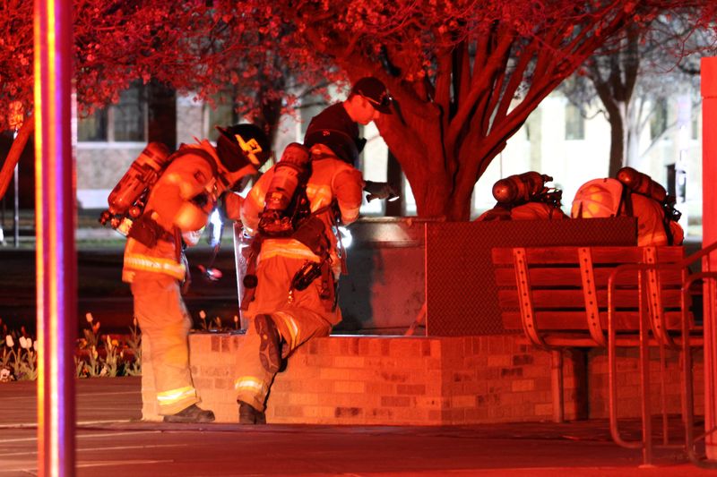 Lubbock Fire Rescue responds to Texas Tech after an explosion at a substation caused power outages across the campus on March 12, 2025 in Lubbock, Texas
