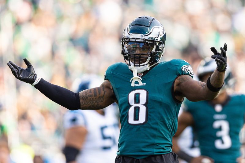 Dec 8, 2024; Philadelphia, Pennsylvania, USA; Philadelphia Eagles safety C.J. Gardner-Johnson (8) reacts after a play against the Carolina Panthers at Lincoln Financial Field. Mandatory Credit: Bill Streicher-Imagn Images