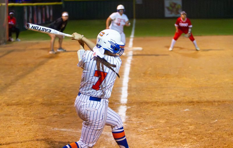Central softball's Sicily Gutierrez (7) hits a ball against Abilene Cooper at San Angelo Central on Friday, March 7.