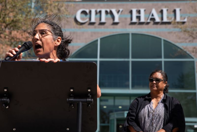 Isabel Araiza, founder of local advocacy organization For the Greater Good, speaks during a press conference opposing desalination and the city’s proposed drought contingency plan outside of Corpus Christi City Hall on March 18.