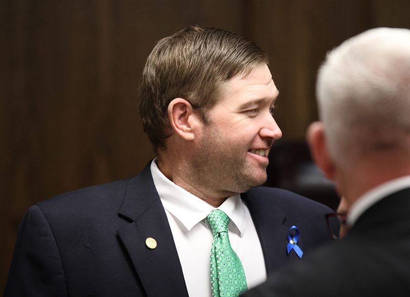 Lubbock County commissioner for precinct 4, Jordan Rackler, talks at a news conference about the county's fire threat level and safety tips at the Lubbock County Courthouse on March 24, 2025 in Lubbock, Texas.
