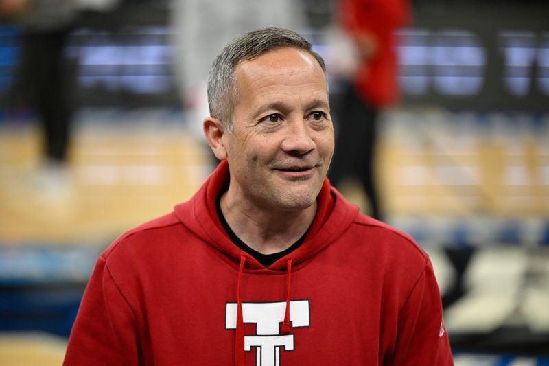Mar 26, 2025; San Francisco, CA, USA; Texas Tech Red Raiders head coach Grant McCasland smiles during NCAA Tournament West Regional Practice at Chase Center. Mandatory Credit: Eakin Howard-Imagn Images