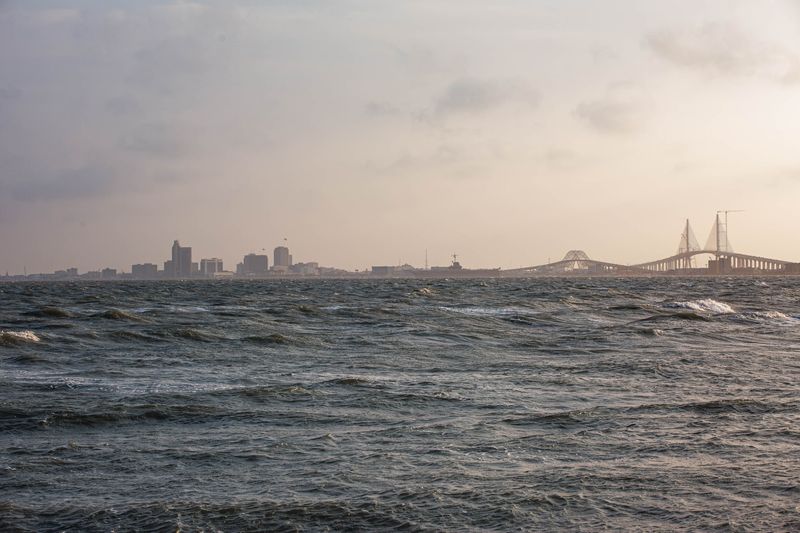 The downtown skyline of Corpus Christi is seen from Sunset Park on April 1, 2025, in Portland, Texas.