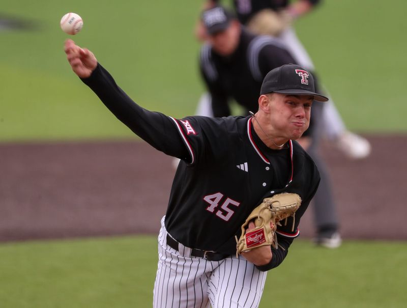 Texas Tech's Jack Cebert pitches against Cincinnati during a Big 12 Conference baseball game, Friday, April 4, 2025, at Dan Law Field.