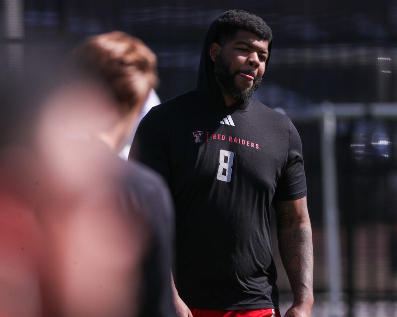 Texas Tech's E'Maurion Banks attends spring football practice, Tuesday, April 8, 2025, at the Womble Football Center