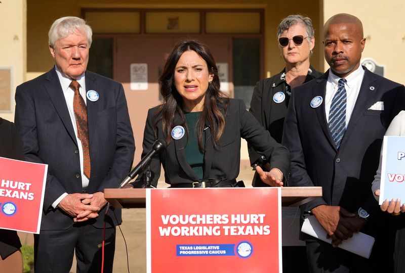 Rep. Gina Hinojosa, D-Austin, speaks against school vouchers at a news conference at the shuttered Pease Elementary School Wednesday April 9, 2025. With her are Rep. John Bryant, D-Dallas, Sen. Sarah Eckhardt, D-Austin, and Rep. Ron Reynolds, D-Missouri City.
