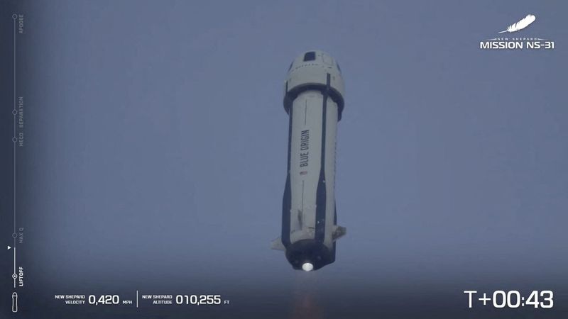 Pop star Katy Perry and journalists Gayle King, Lauren Sanchez, who is also billionaire Jeff Bezos' fiance and other participants, blast off into space on a Blue Origin rocket, as part of the New Shepard Mission NS-31, marking the first all-female flight crew in more than six decades, in West Texas, Texas, U.S., April 14, 2025, in this screen grab taken from a video.