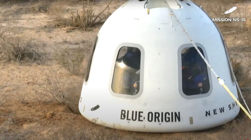 The capsule carrying Pop star Katy Perry and journalists Gayle King, Lauren Sanchez, who is also billionaire Jeff Bezos' fiance and other participants, as it landed back on earth after blasting off into space on a Blue Origin rocket, as part of the New Shepard Mission NS-31, marking the first all-female flight crew in more than six decades, in West Texas, Texas, U.S., April 14, 2025, in this screen grab taken from a video.