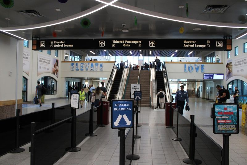 Travelers wind their way through security at the El Paso International Airport on Wednesday, April 16, 2025. All travelers are required to present a REAL ID or REAL ID-compliant document to board domestic flights.